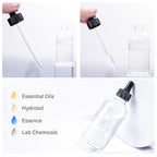 12 Pack 4oz Clear Glass Bottles with Glass Eye Droppers for Essential Oils, Perfumes & Lab Chemicals (1 Brush, 2 Funnels, 2 Extra Droppers, 24 Pieces Labels & 30ml Measuring Cup Included)