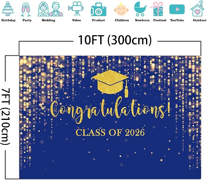 Mocsicka Class of 2026 Backdrop Blue Gold Glitter Bokeh Graduation Party - Image 4