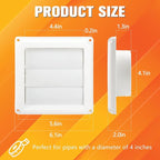 Funmit 4" Dryer Vent Cover for Exterior Wall Vent Hood Outlet Airflow Dryer Air Vent with Screen Includes 4 Screw for Easy Installation (White)