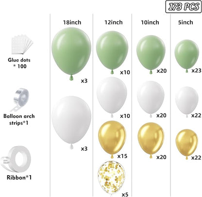 Sage Green White Gold Garland Arch Kit 173Pcs Latex Balloons - Image 3