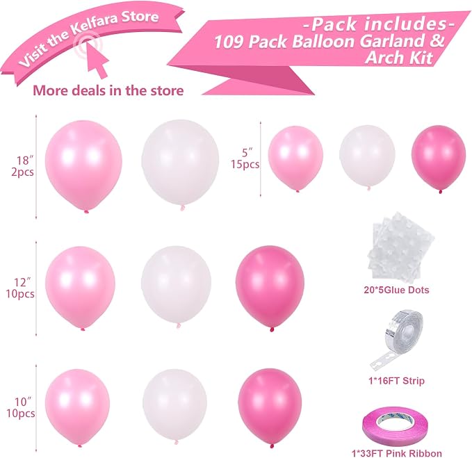 Pink Balloon Garland Arch Kit, Kelfara 109Pcs Hot Pink Latex Pastel Pink Balloon - Image 4