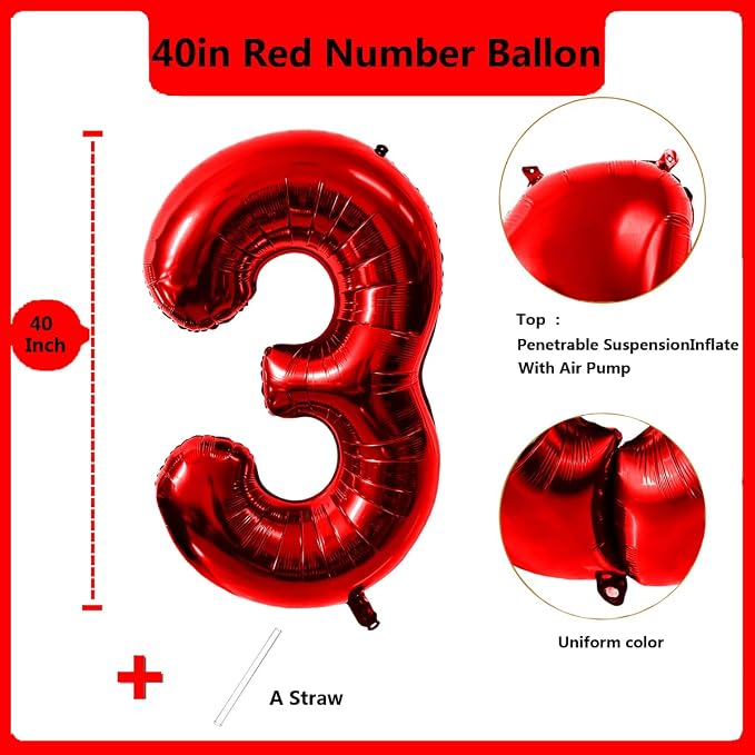 40 Inch Red Number 3 Balloon Large Red Foil Balloon Red 3 Balloons Mylar Helium - Image 2
