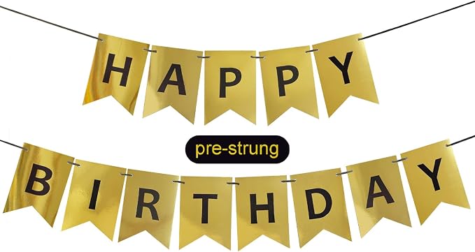 Gold Happy Birthday Banner, Pre-Strung Gold and Black Birthday Party Decorations by ZgimiPartyHome