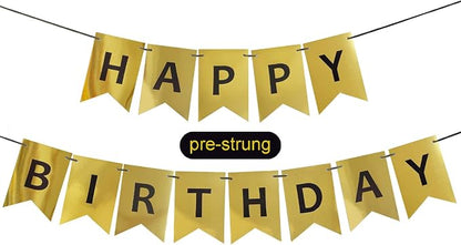 Gold Happy Birthday Banner, Pre-Strung Gold and Black Birthday Party Decorations by ZgimiPartyHome