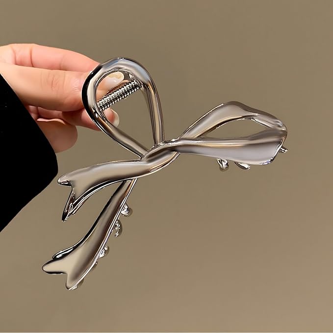 Silver Ribbon Bow Metal Hair Clips, Alloy Elegant Non-Slip Strong Hold Grip Jaw Clip for Thick and Thin Hair