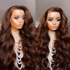 200% Density Chocolate Brown Human Hair Wigs 13x4 Body Wave Lace Front Wig Pre Plucked Chestnut Brown Colored Human Hair Wigs For Women HD Transparent Lace Front Wig 28 Inch