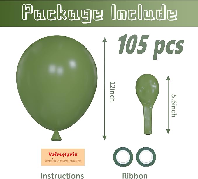 Voircoloria 105pcs Sage Green Olive Green Party Latex Balloons, 12inch | - Image 2