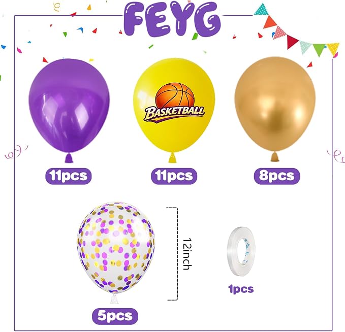 Purple Gold and Yellow Balloons, 12 Inch Printed Basketball Balloon and - Image 2