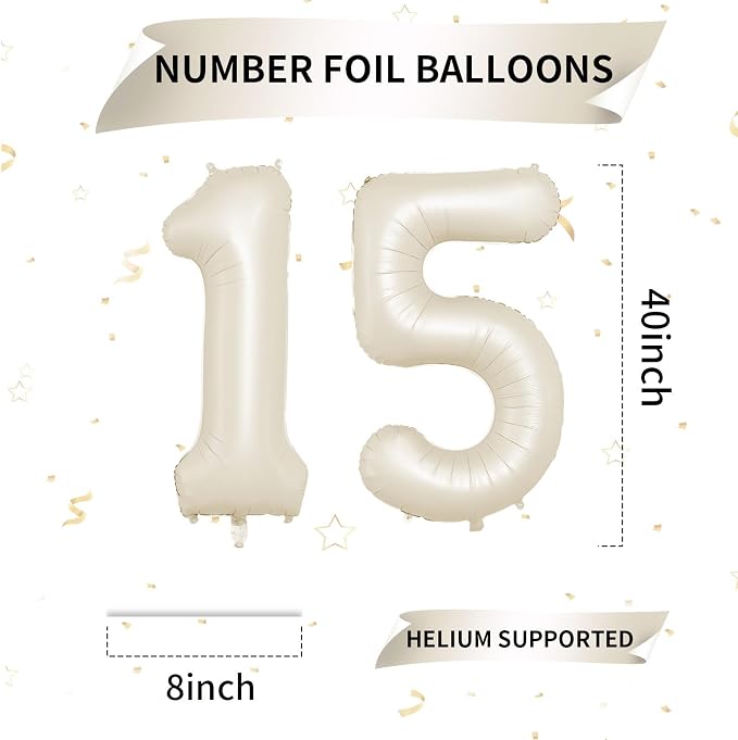 Biapian 40 Inch Cream Number 15 Balloon, 15th Birthday Balloons, Big Digital 15 - Image 2