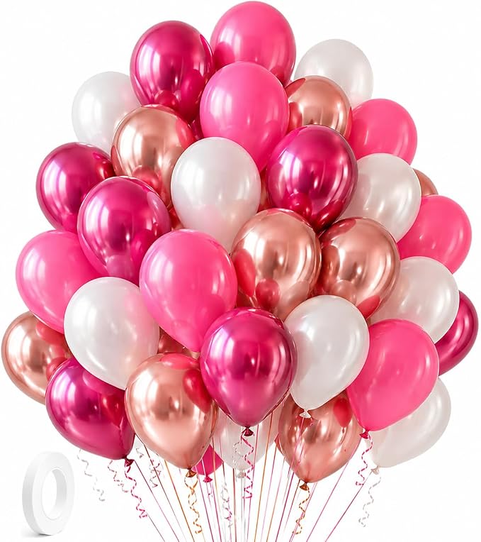 Hot Pink Balloons 60 Pack – Pink Chrome Balloons, Rose Gold & White 12 Inch by FiestaCart
