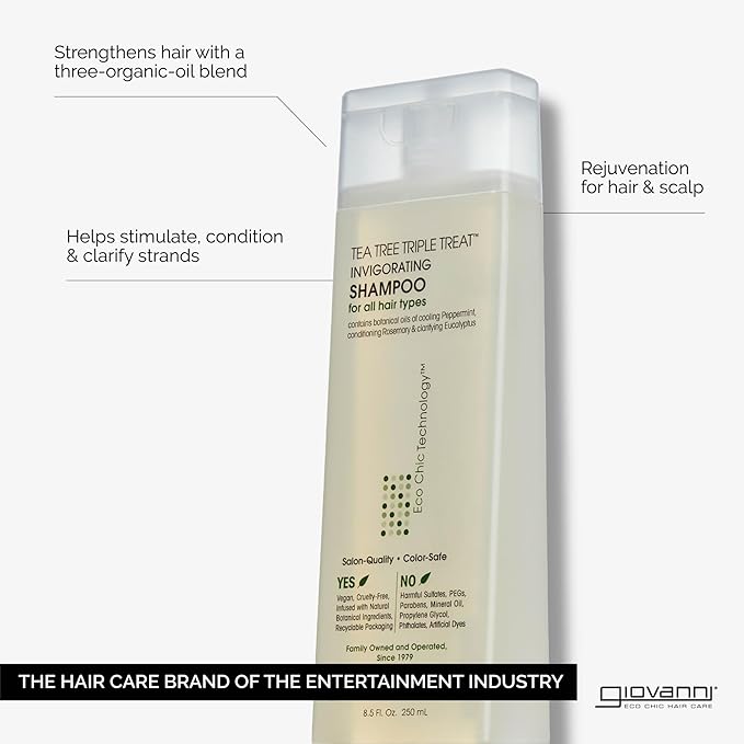 GIOVANNI Tea Tree Triple Treat Invigorating Shampoo - Cooling Peppermint, Eucalyptus & Rosemary, Strengthen & Rejuvenate Hair & Scalp, Salon Quality, Paraben Free, Tea Tree Shampoo - 8.5 oz (3 Pack)
