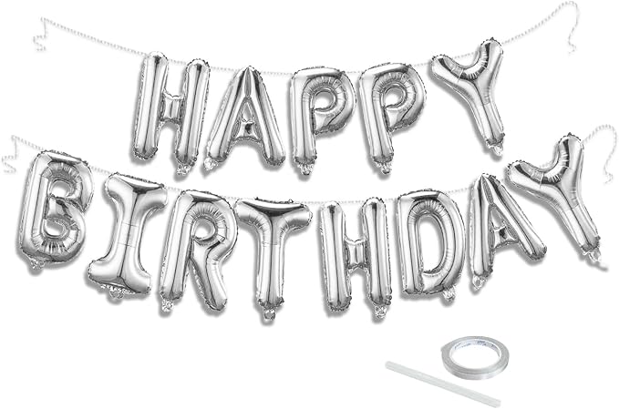Silver Happy Birthday Balloon Banner Set -16 Inch Foil Letters Balloons by KEJ