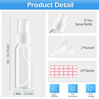 Spray Bottles, 2.7oz/80ml Clear Empty Fine Mist Plastic Mini Travel Bottle Set, Small Refillable Liquid Containers with 2pcs Funnels and 24pcs Labels (6 Pack)