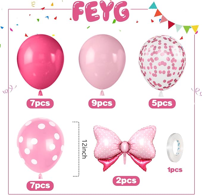 Pink Bow Balloons, 12 Inch Hot Pink Rose Dots Bow Foil Balloon and Confetti - Image 2
