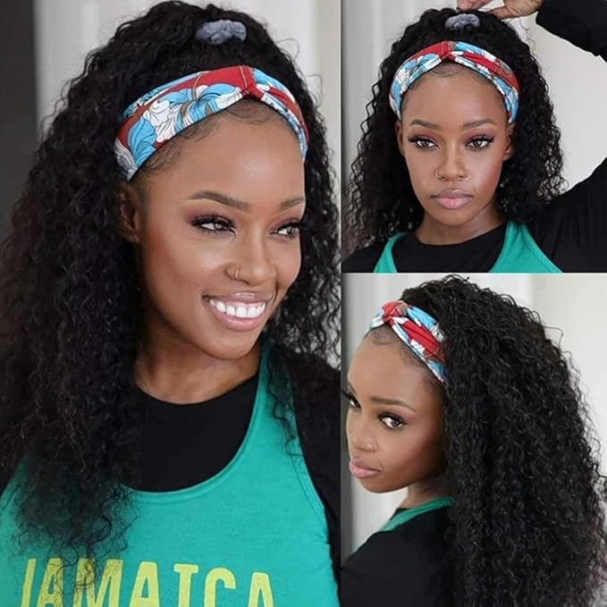 KLAIYI Headband Human Hair Wig Water Wave Curly Non Lace Front Wigs for Black Women Deep Wave Glueless Wear and Go Half Wig 30S Ready to Go Beginner Friendly 180% Density 12A Natural Hairline 14Inch