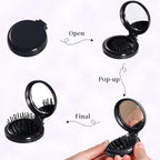2pcs Folding Travel Mirror Hair Brushes Round Mirror Pocket Hair Brush Portable Mini Pop Up Hair Brushes for Women Girls Wet and Dry Hair