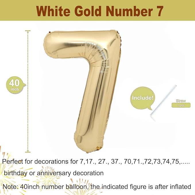 40 inch White Gold Number Balloon Giant Foil Helium Balloons Champagne Gold - Image 2