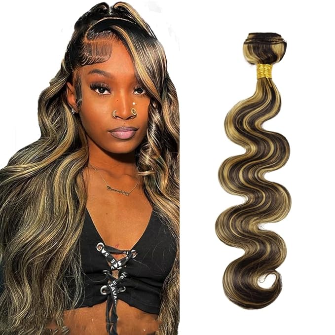 Honey Blonde Bundles Human Hair Highlight Body Wave Bundles Niegmeag Brazilian Virgin Remy Hair Single Bundle 12 Inch 2 Tone Black and Blonde Body Wave Bundle