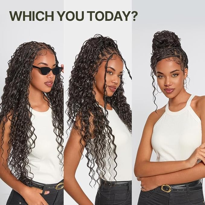 Frodio Braided Wig Veralux™ Fiber Full Lace Boho Curly Water Wave Synthetic Box Braided Wigs For Black Women Salon-Level 200% Density Bohemia Natural Scalp 30 Inches