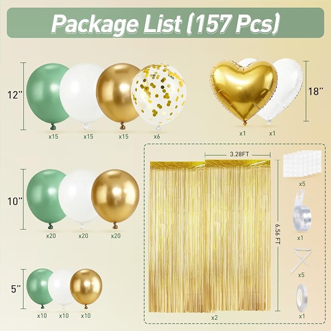 Sage Green White Gold Balloons Arch Kit - Image 2