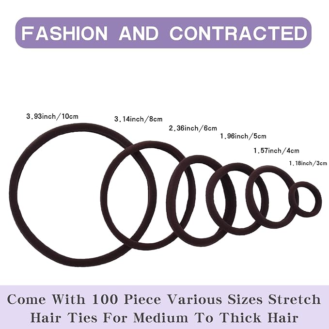 100PCS Various Sizes Brown Hair Ties for Women, Elastics Hair Ties No Damage Ponytail Holder for Thick/Thin Hair Accessories, Soft Cotton Cloth Seamless Hair Bands