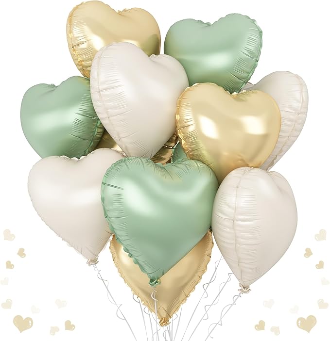 Sage Green Gold Heart Balloons, 18Inch Green Cream White Heart Helium Foil by TAOYE
