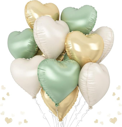 Sage Green Gold Heart Balloons, 18Inch Green Cream White Heart Helium Foil by TAOYE