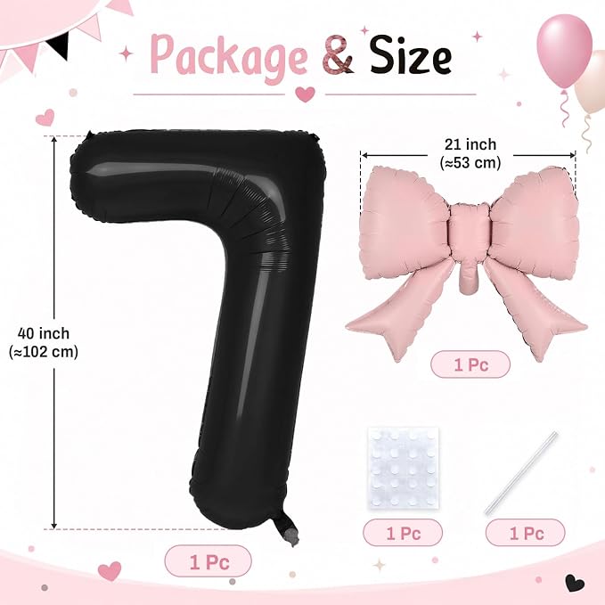 40 Inch Black Number 7 with Pink Bow Balloon, Giant Self Inflating Black Foil - Image 2