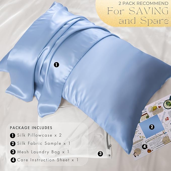 PROMEED 23 Momme Silk Pillowcase 2 Pack for Hair and Skin, 3rd Gen Grade 6A+ 100% Mulberry Silk Pillow Case Set of 2, Cooling Pillow Cases for Hot Sleepers (Standard 20"x26", Light Blue)