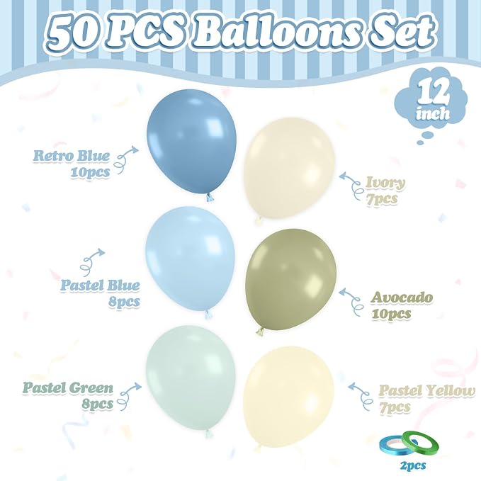 FunHot Blue Green Balloons, 12 Inch Pastel Yellow Ivory Helium Balloons - Image 2