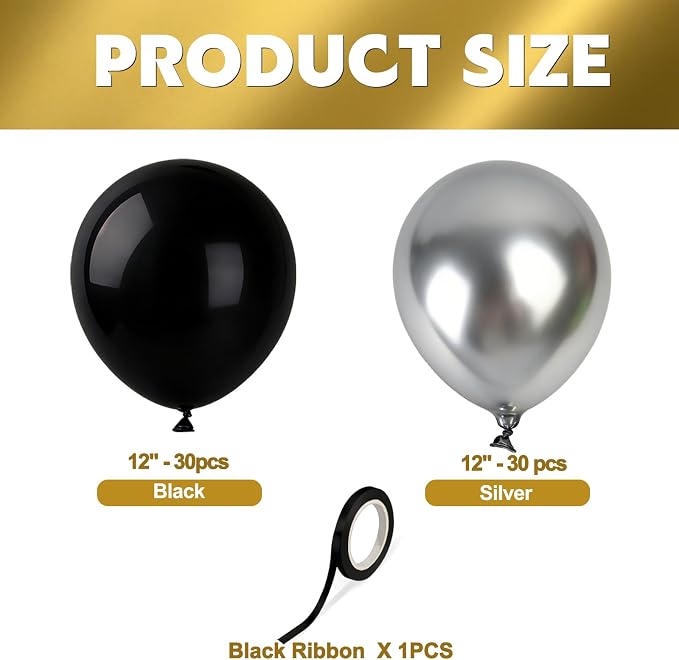 Black Silver Balloons 60Pcs 12 Inch Latex Balloon Set - Image 3