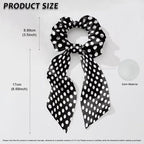 White Black Ribbon Bow Elastic Hair Ties for Women 2 Pack Polka Dot Knotted Bow for Women Travel No Damage Scarf Scrunchy for Thick Hair