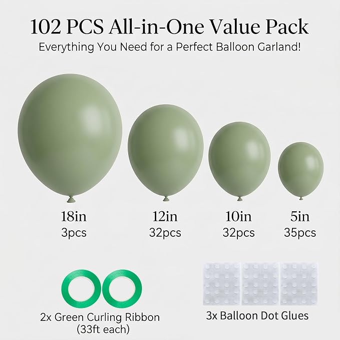 102pcs Sage Green Balloons Garland Arch Kit, 18 12 10 5 Inch Balloons | - Image 2