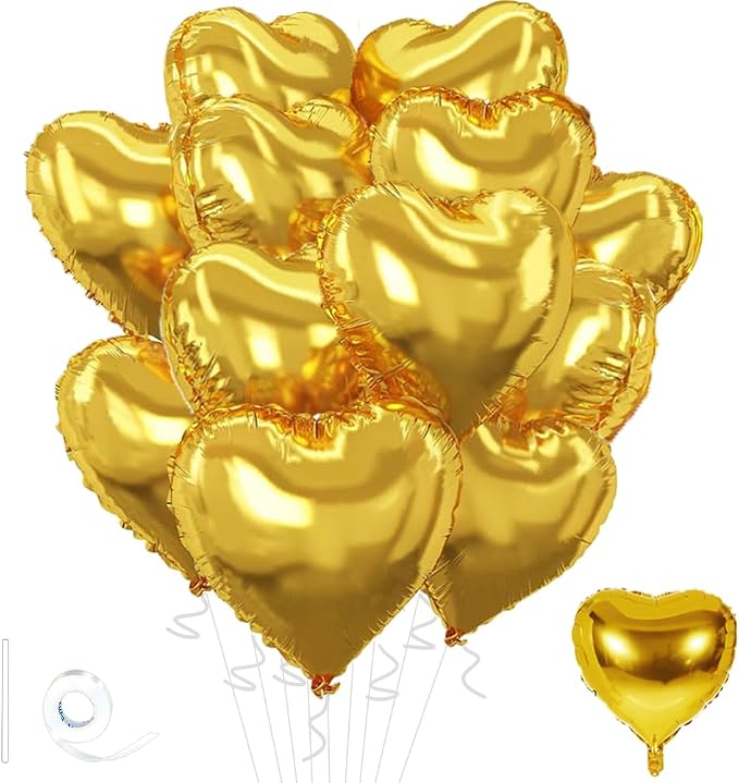 Gold Heart Balloons, 18inch Bright Gold Heart Shaped Foil Balloons 12Pcs Helium by Wuhetyo