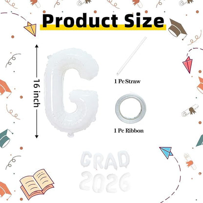 White GRAD 2026 Banner Balloons, 16 Inch Mylar Foil letter Graduation Balloons - Image 2