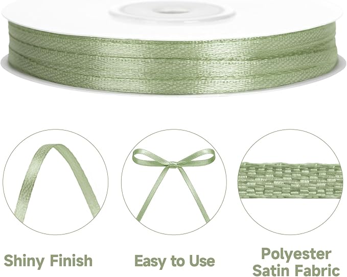 KINGLAKE Sage Green Satin Ribbon – 1/8 Inch x 100 Yards Light Green Ribbon - Image 3