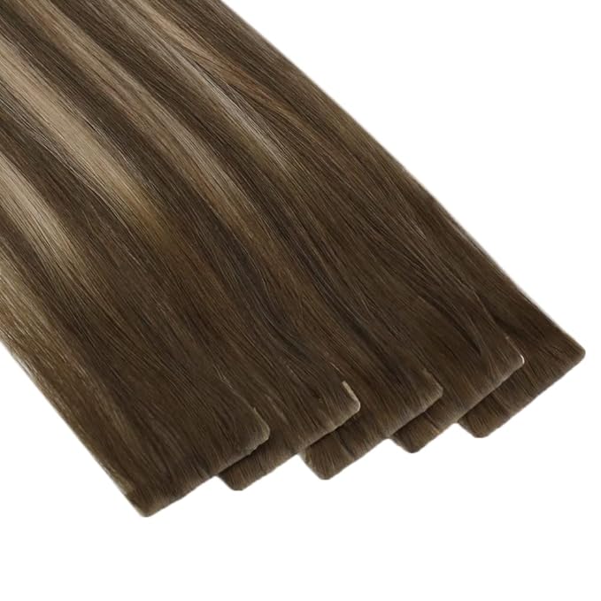Full Shine Virgin Tape in Hair Extensions 5Pcs 14 Inch Injection Tape in Extensions Human Hair Color 4 Medium Brown Fading to 27 Honey Blonde And Brown Seamless Tapes in Human Hair for Women 10 Gram