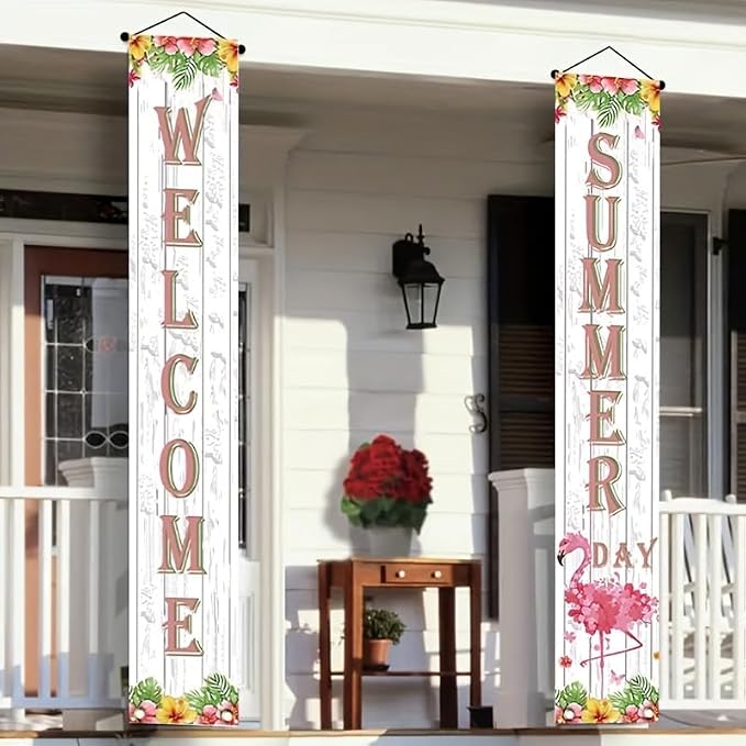 BlissYard 2pcs Welcome Summer Door Banner Hawaiian Flamingo Porch Banners Sign - Image 4