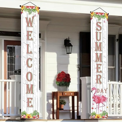 BlissYard 2pcs Welcome Summer Door Banner Hawaiian Flamingo Porch Banners Sign - Image 4
