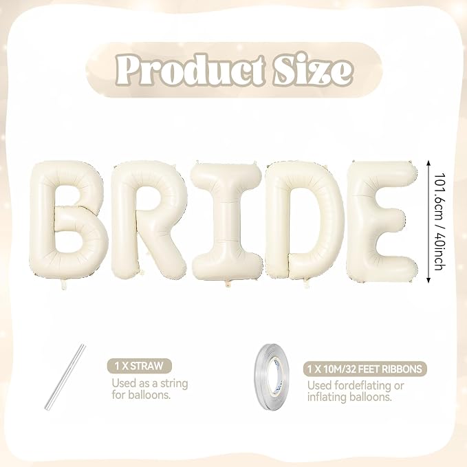 Biapian 40 Inch BRIDE Letter Balloons, Big Cream BRIDE Foil Balloons - Image 2
