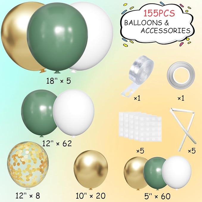 MEBAY 155Pcs Sage Green White Gold Balloon Garland Arch Kit - Image 2