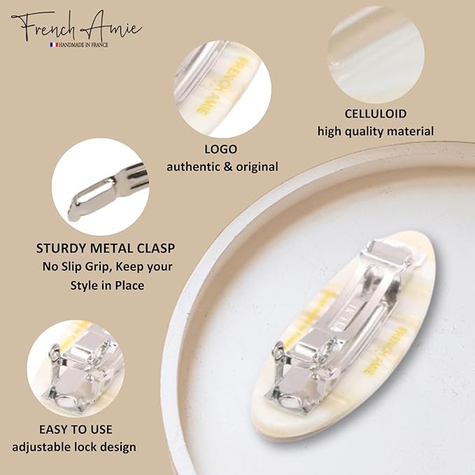 French Amie Oval Mini Silver Grey Onyx Tokyo Ivory Set of 3 Handmade Celluloid Hair Clip Barrette for Girls (2.5 inch)