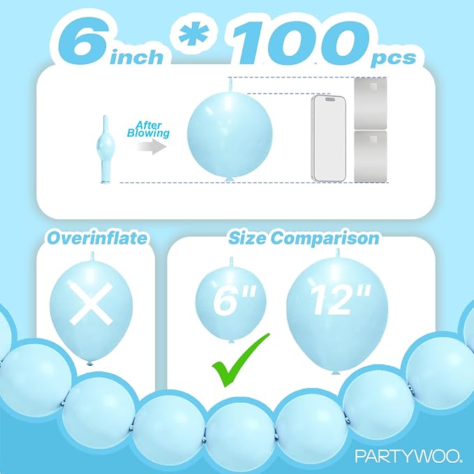 PartyWoo Baby Blue Linking Balloons 100pcs 6 Inch Blue Link Balloons | - Image 4