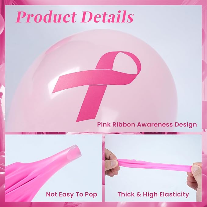 100 PCS Pink Ribbon Awareness Balloons Decorations 12 Inch Breast Cancer Ribbon - Image 3