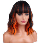 BERON 14 Inches Black Orange Wig Short Orange Bob Wigs with Bangs Halloween Wigs for Women Loose Wavy Wig for Cosplay Party