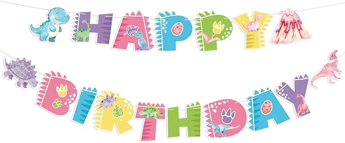 Dinosaur Happy Birthday Banner Cute Dinosaur Party Banner Pink Dinosaur by Adecortalk