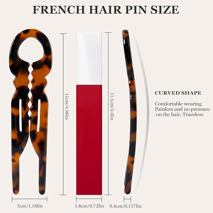 Sunolga 3pcs Prestige French Hair Pins for Women, 4.38" Large, Serrated Anti-Slip Design, Curved Shape for Better Head Fit, Coquette Elegant Hair Accessories for Updos, Chignon, Bun Hairstyles