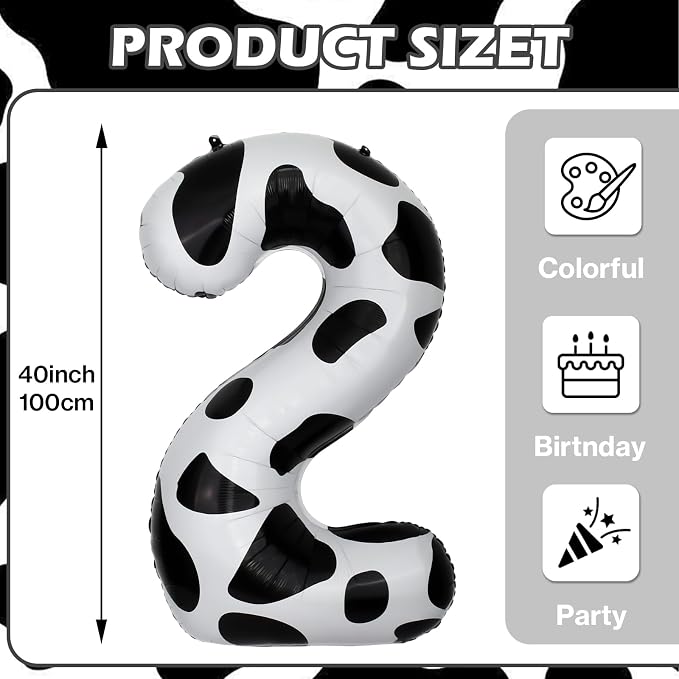 40 Inch Cow Print Number 2 Balloons, Birthday Party Aluminum Foil Balloon - Image 2