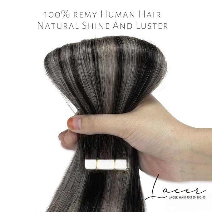 Lacer Grey Tape in Hair Extensions Human Hair Straight Natural Black to Silver Highlights with Natural Black Roots Hair Extensions Tape in 20 Inches 20pcs/50g