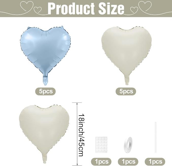 Baby Blue Heart Balloons, 18Inch Sand White Pastel Blue Helium Balloon - Image 2